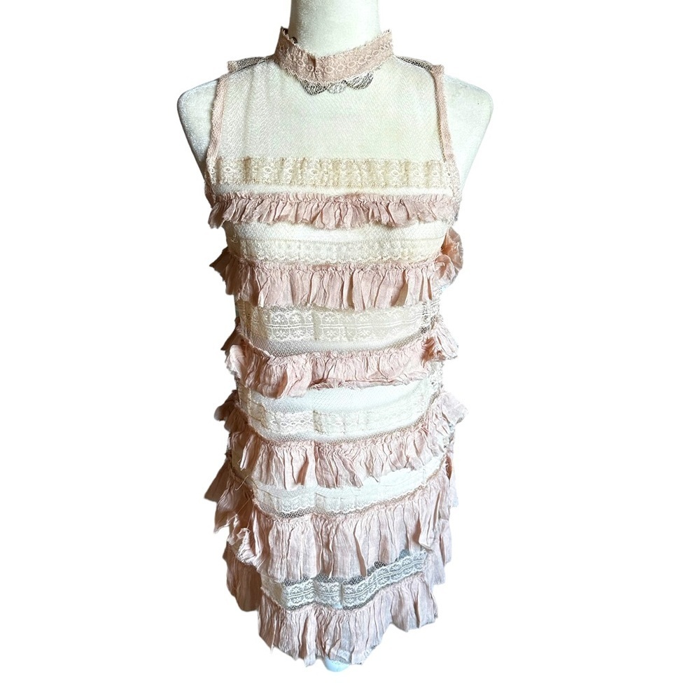 Free People Nude Blush Pink Tiered Ruffle & Mesh Dress